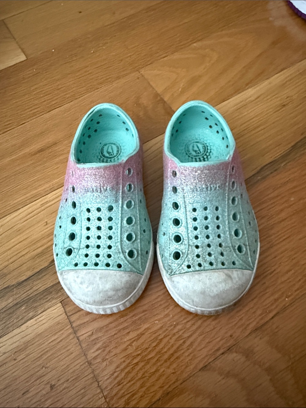 Native Shoes Kids Slip-On Sneakers in Aqua and Pink Glitter